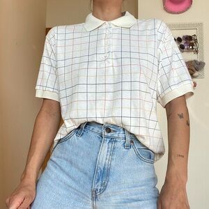 Vintage 80s White Checkered Grid Patterned Polo Shirt